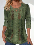 Women's Floral Print V-Neck Tee with Crisscross Neckline Detail - Image 4
