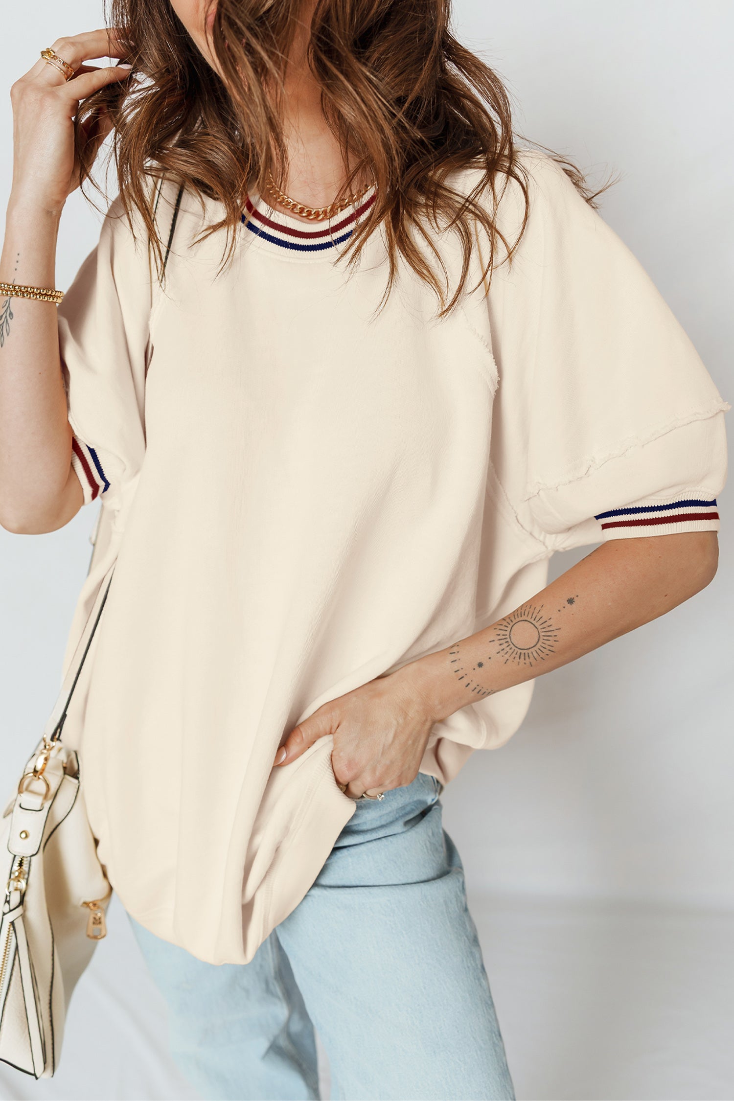 Varsity Stripe Tunic with Cuffed Short Sleeves