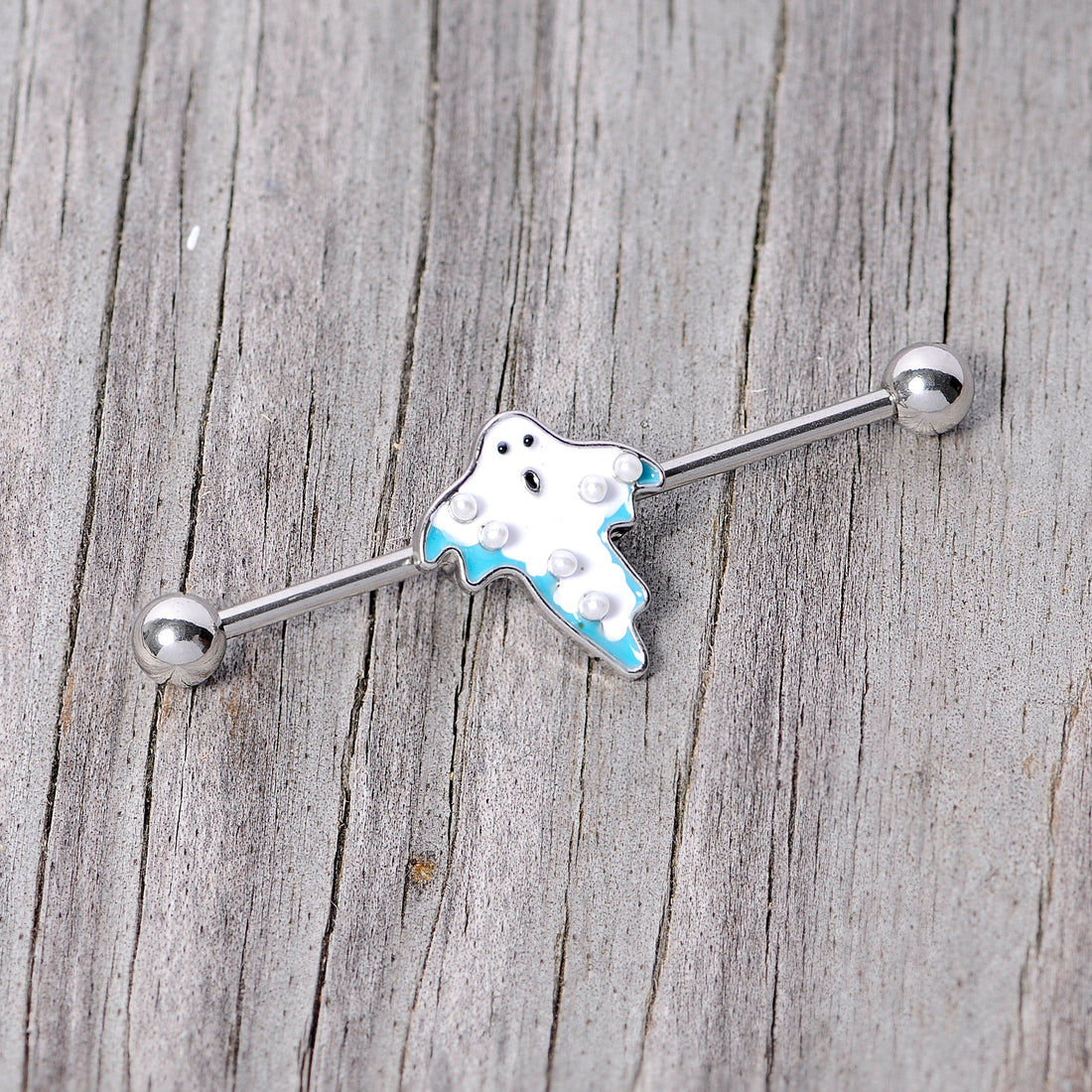14G White Orb Ghost Halloween Industrial Barbell 38mm