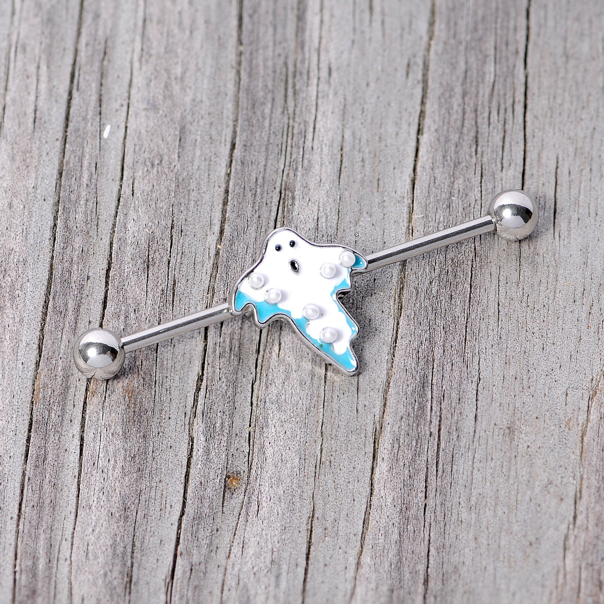 14G White Orb Ghost Halloween Industrial Barbell 38mm