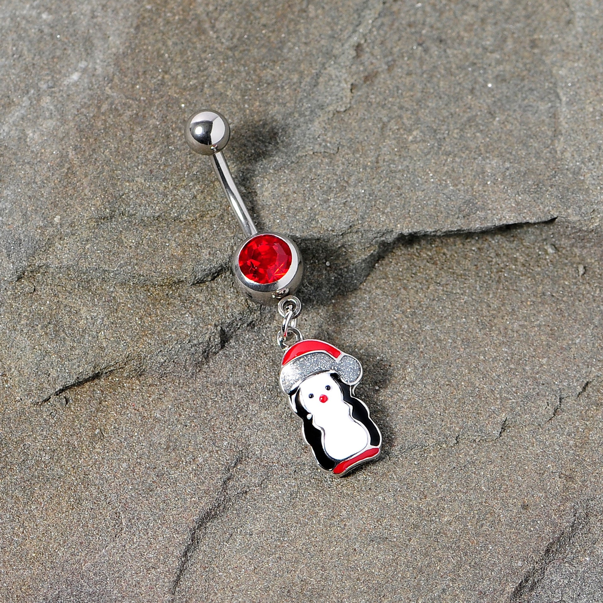 Red Gem Holiday Penguin Christmas Dangle Belly Ring
