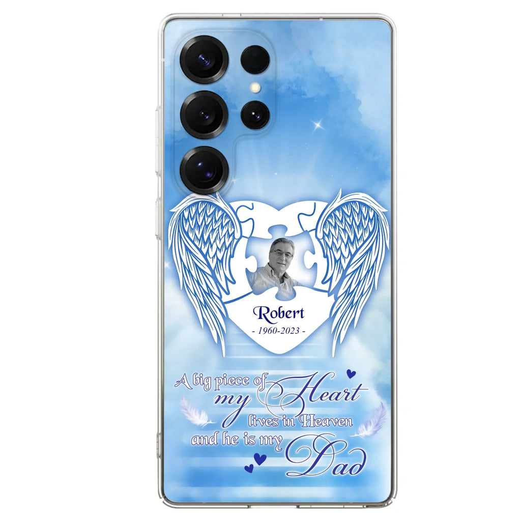 Custom Personalized Memorial Photo Phone Case - Memorial Gift Idea For Family - A Big Piece Of My Heart Lives In Heaven And He Is My Dad - Case For iPhone/Samsung