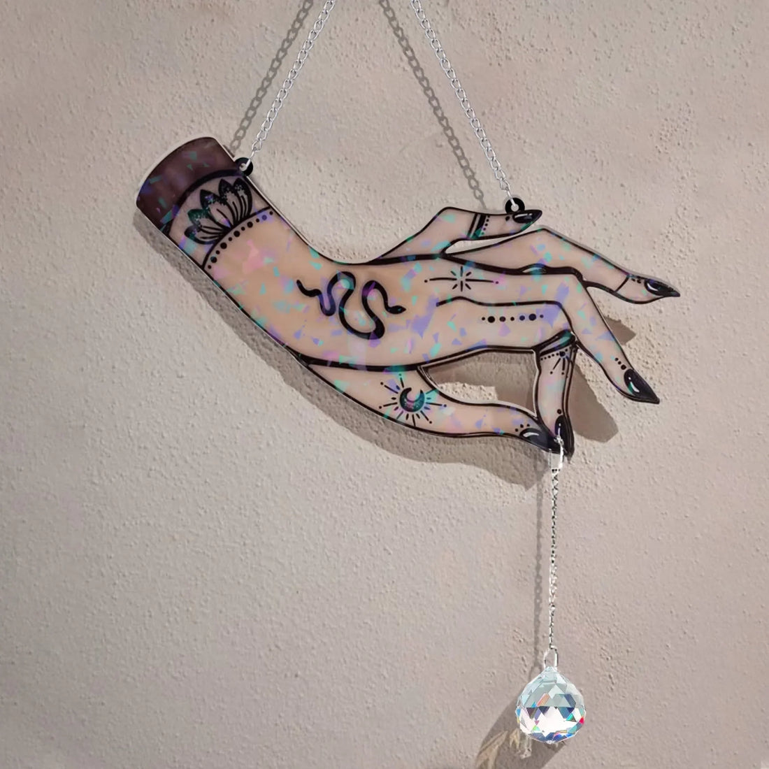 Witchy Holographic Hand Window Hanging with Hanging Crystal Charm - Image 2