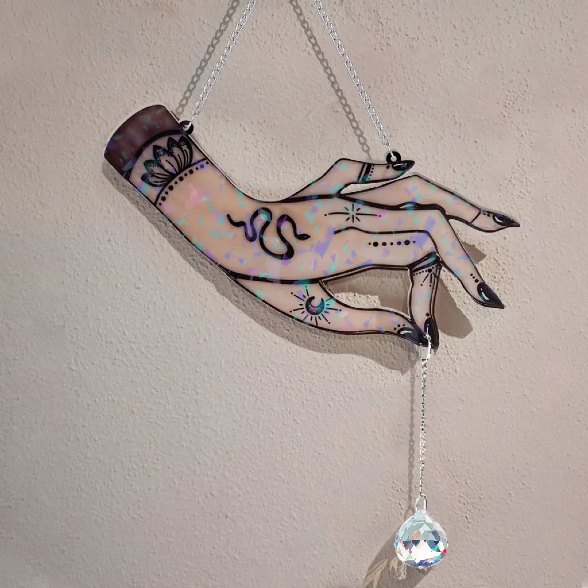 Witchy Holographic Hand Window Hanging with Hanging Crystal Charm - Image 2