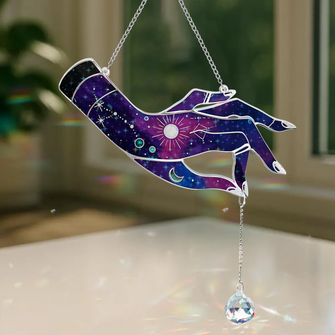 Witchy Holographic Hand Window Hanging with Hanging Crystal Charm - Image 4