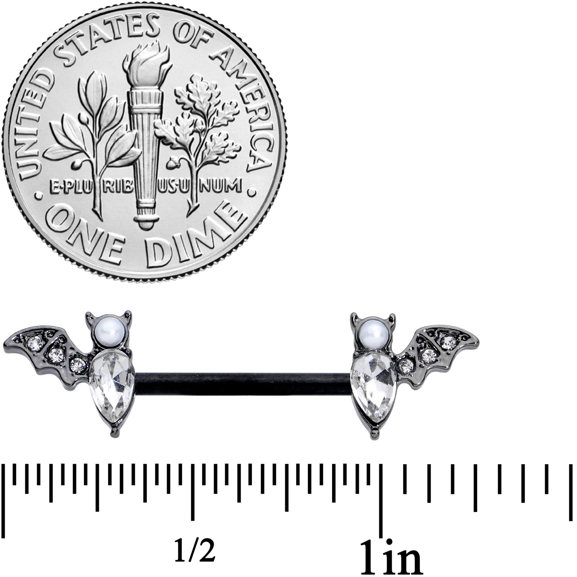 14G 9/16 Clear Gem Black Bat Halloween Barbell Nipple Ring Set