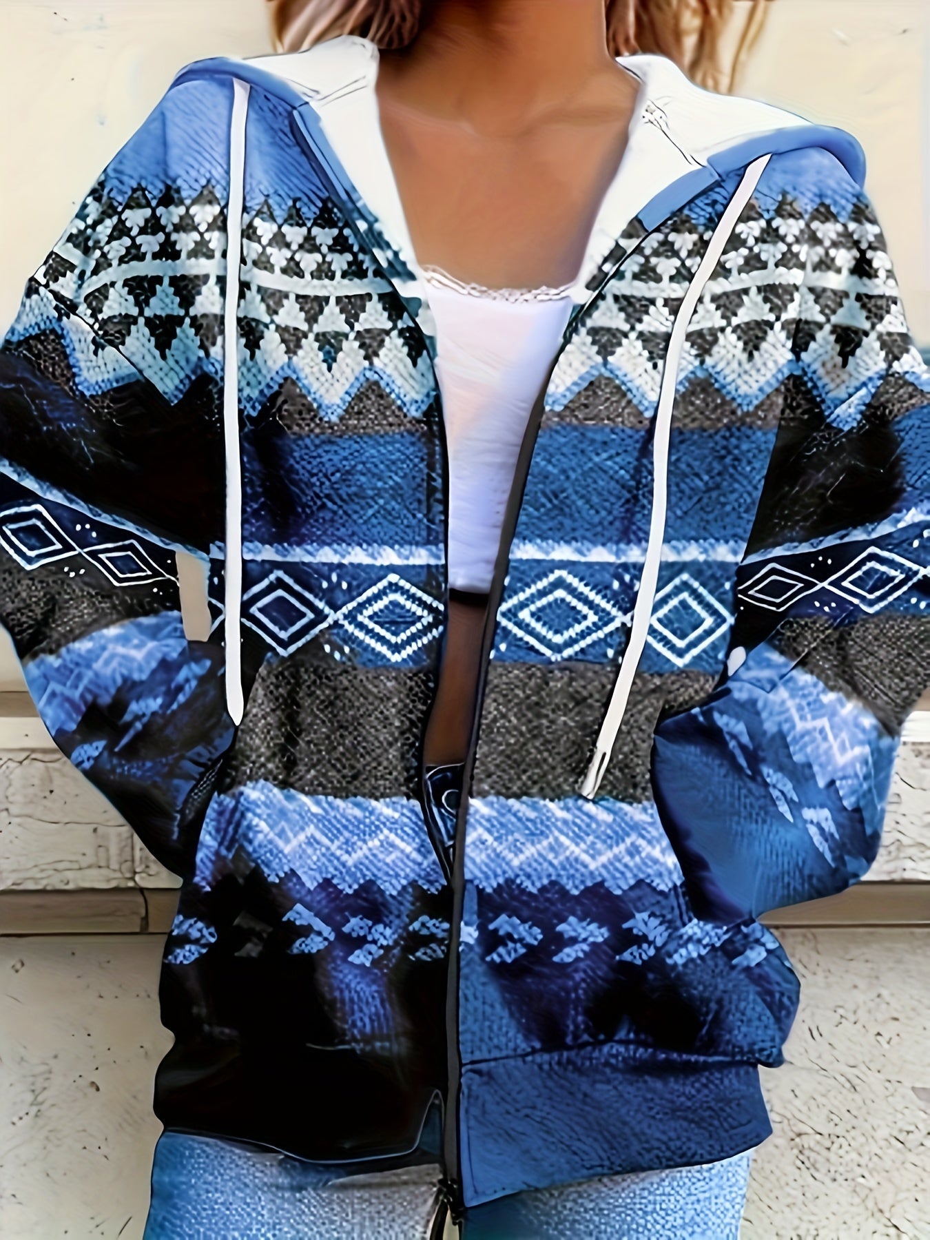 Women's Blue Tribal Print Zip-Up Hoodie Casual Lightweight Sweatshirt - Image 2