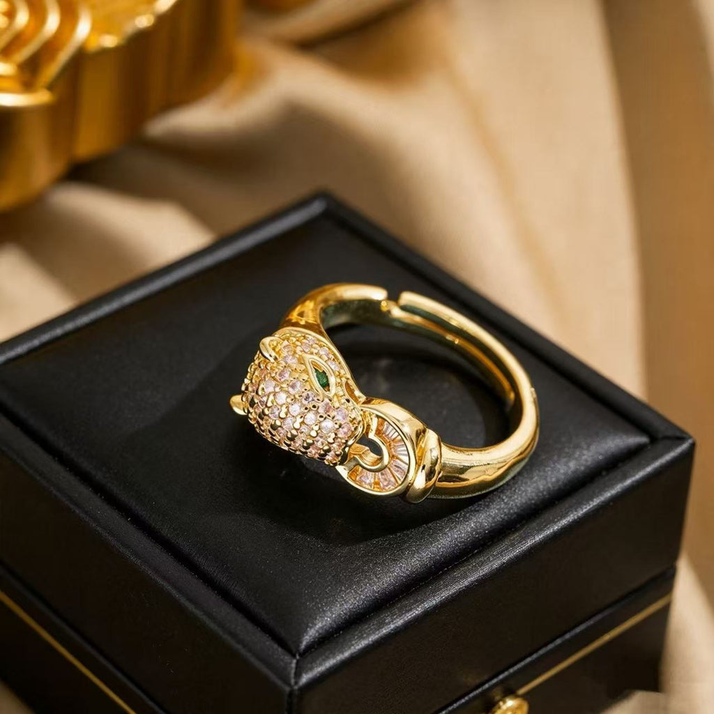 Micro Pave Zircon Leopard Ring For Women, Light Luxury Niche High Sense Fashion Versatile Stackable Retro Adjustable Ring