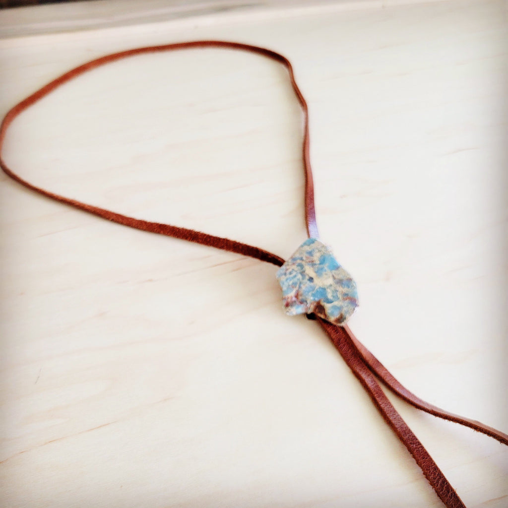 Leather Lariat Boho Necklace w/ Aqua Terra Slab Accent 264e