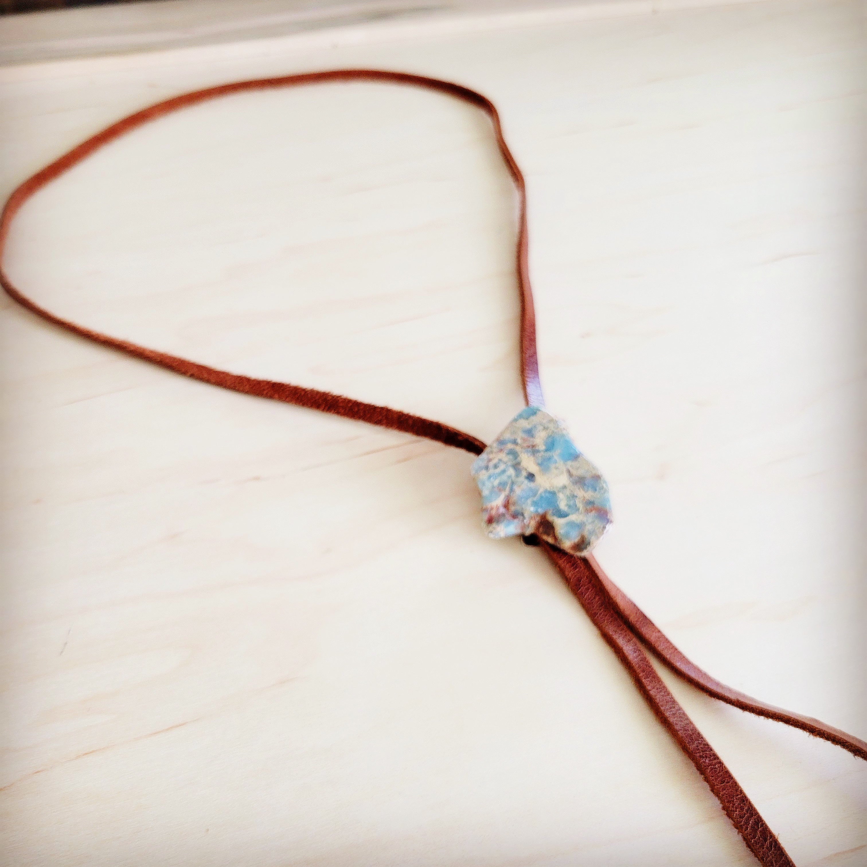 Leather Lariat Boho Necklace w/ Aqua Terra Slab Accent 264e