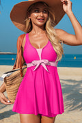 Rose Red Color Block Patchwork Bow Knot Sleeveless Swim Dress