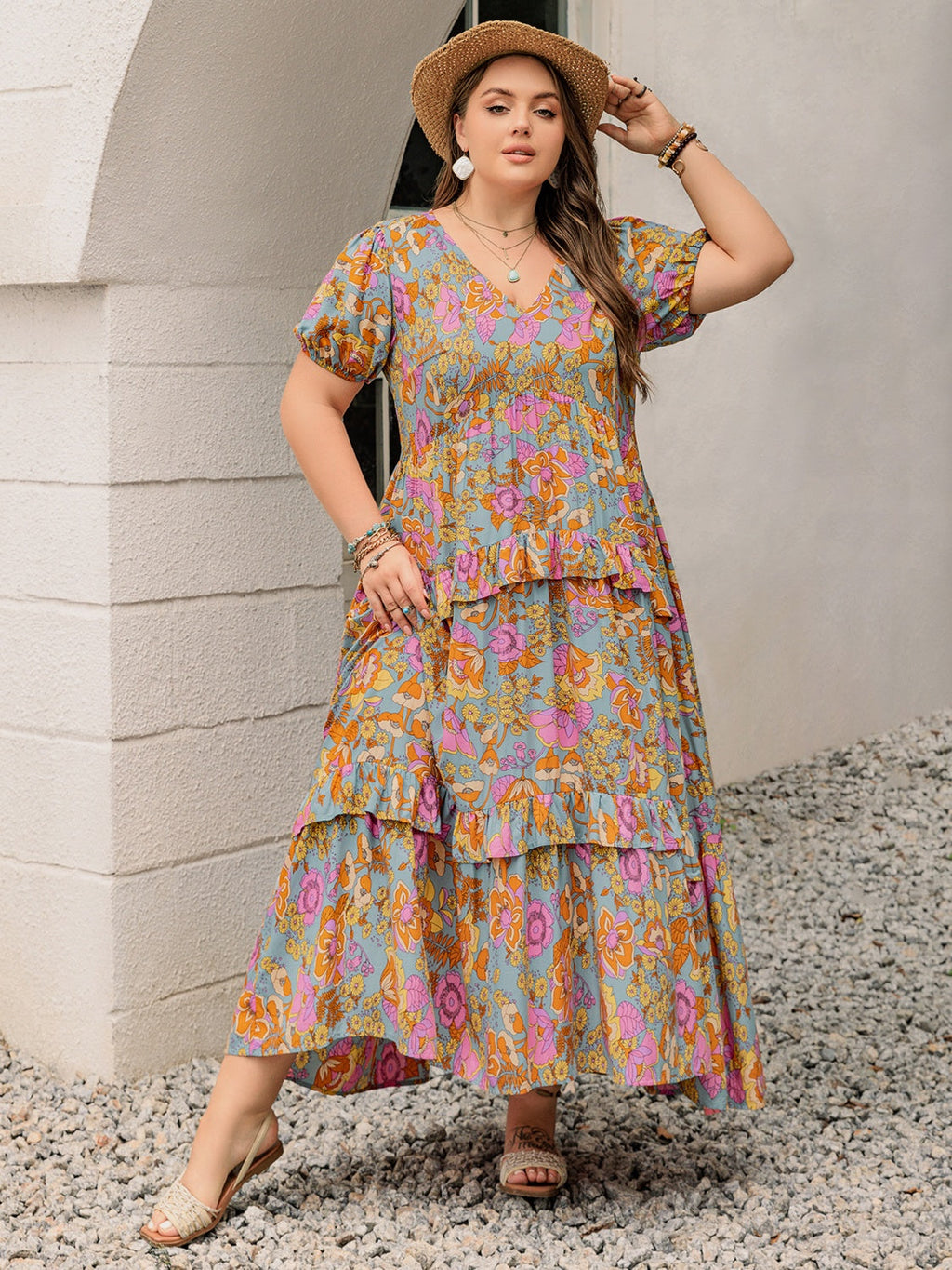 Floral V-Neck Maxi Dress - Flowy Ruffled Short Sleeve Summer Dress