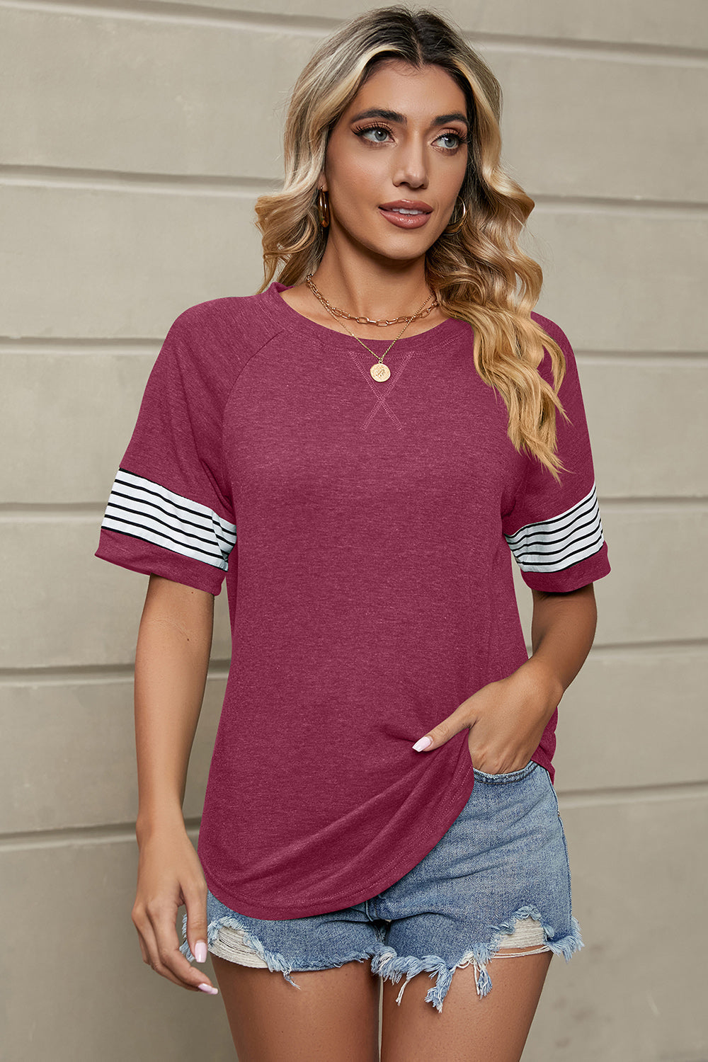 Casual Striped Sleeve Round Neck T-Shirt in Navy - Image 14