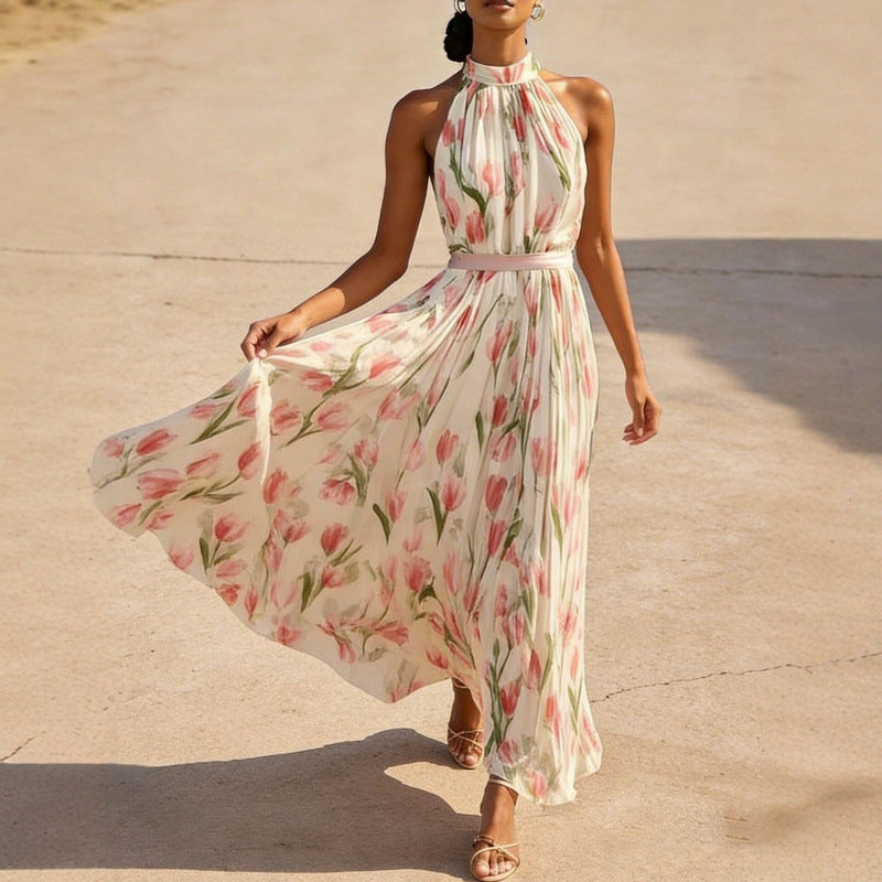 Floral Print Halterneck High-Waist Pleated Midi Dress