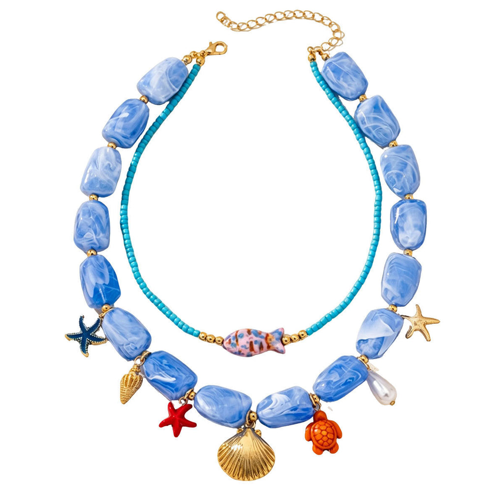 Women 2 Layer Boho Ocean Beaded Necklace, Blue Marbled Acrylic Starfish Turtle Shell Fish Charms Gold Plated Adjustable Summer Beach Vacation Jewelry Gift
