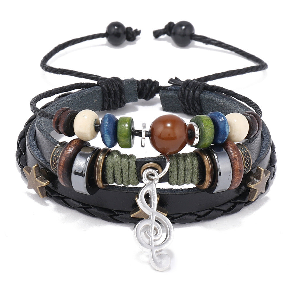 Cross-Border New Jewelry Multi-Layer Beaded Leather Bracelet With Musical Note Pendant, Music Festival Accessories, Hand-Woven