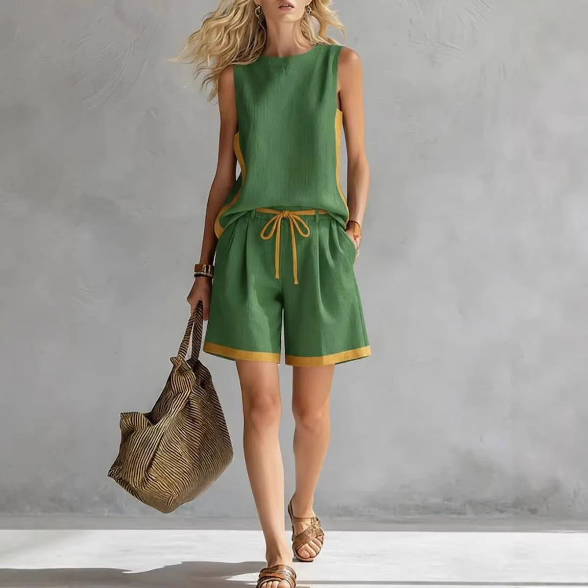 Model wearing a color-block two-piece tank vest and shorts set in green and yellow