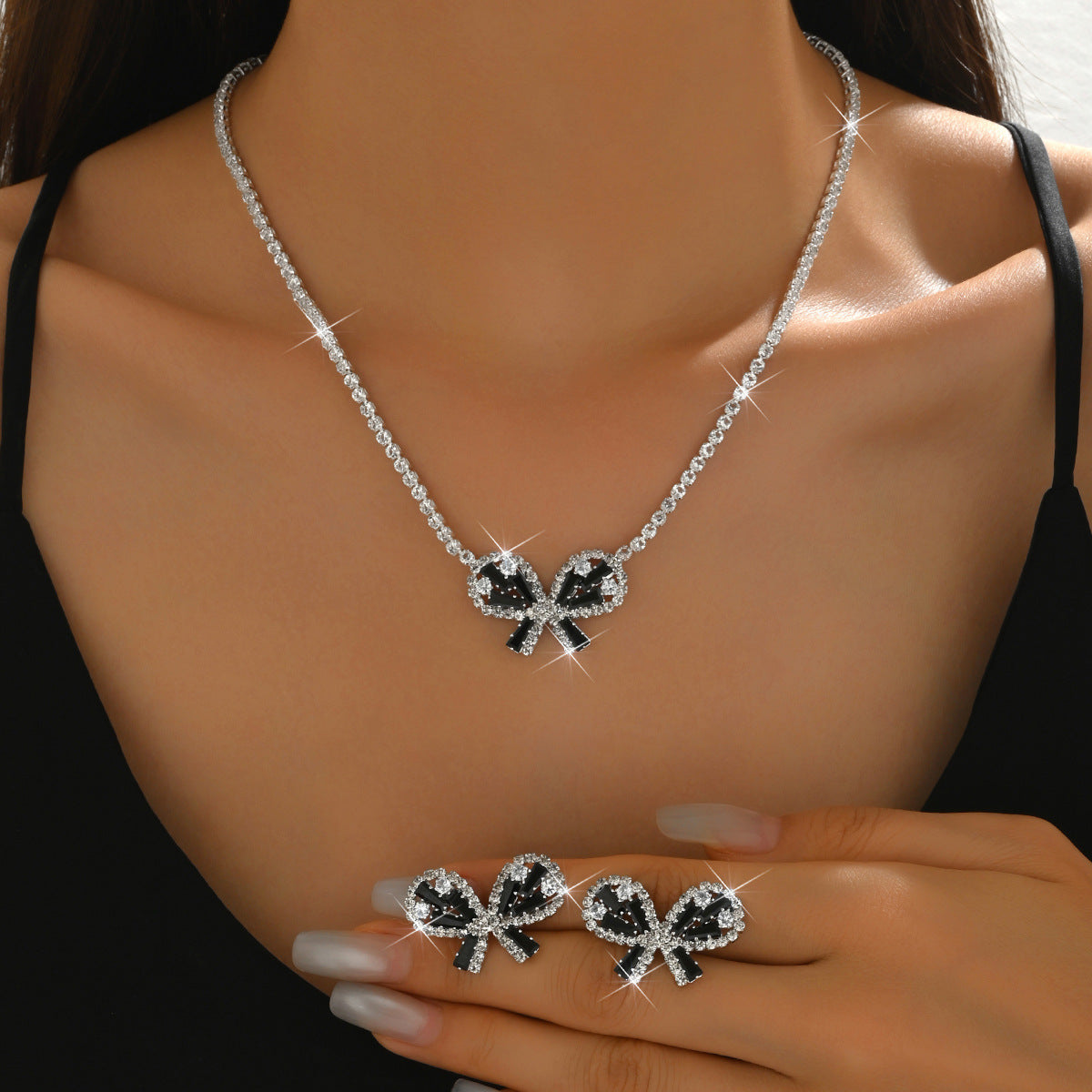 Women Black Butterfly Cubic Zirconia 2 Pcs Jewelry Set,Necklace And Earrings,Fashion Luxurious Costume Accessories For Party Occasion