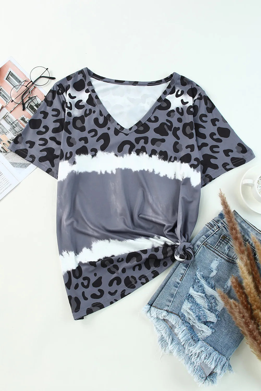 Women Leopard Print V-Neck T-Shirt Breathable Casual Short Sleeve - Image 2