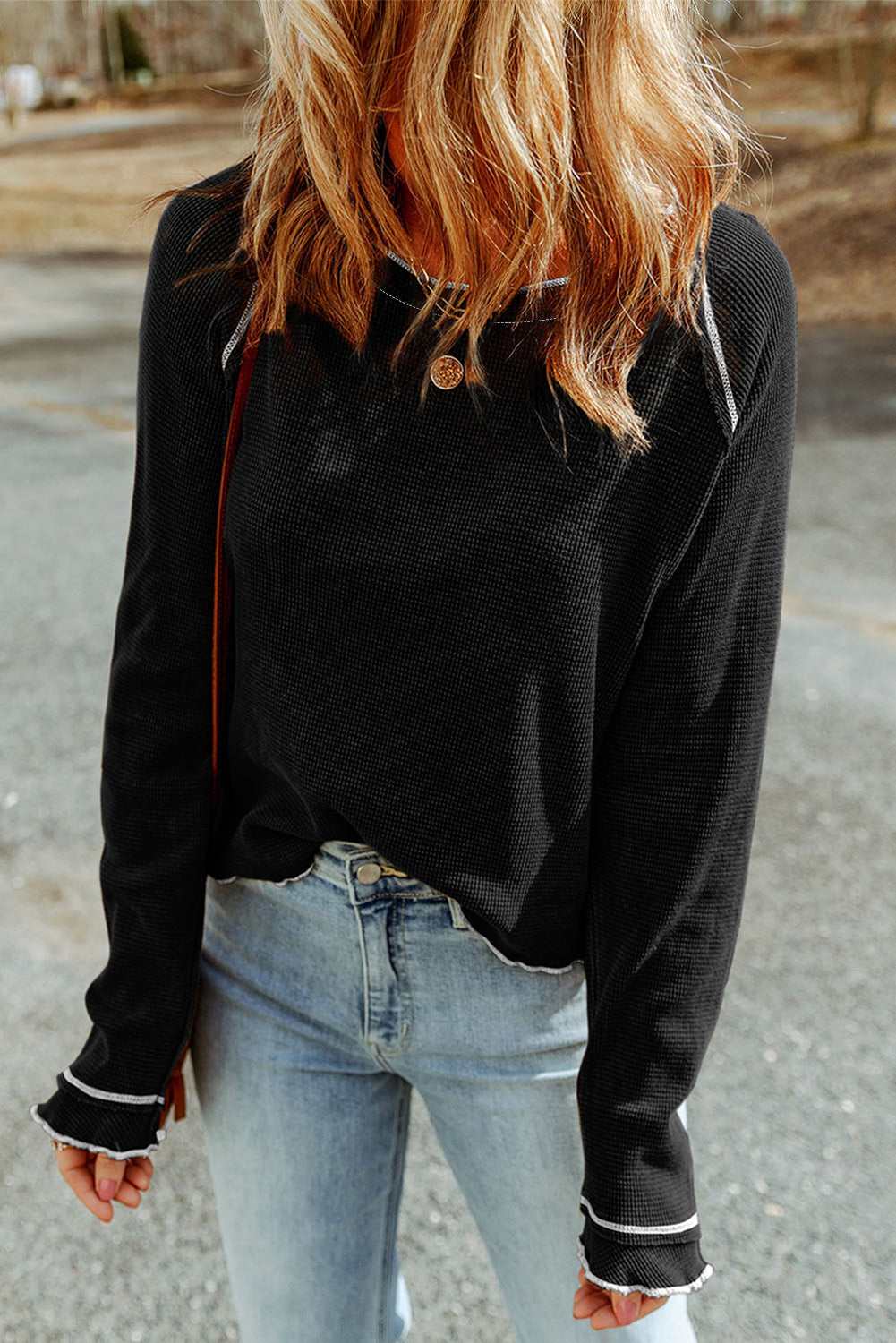 Solid Waffle Knit Round Neck Long Sleeve Top