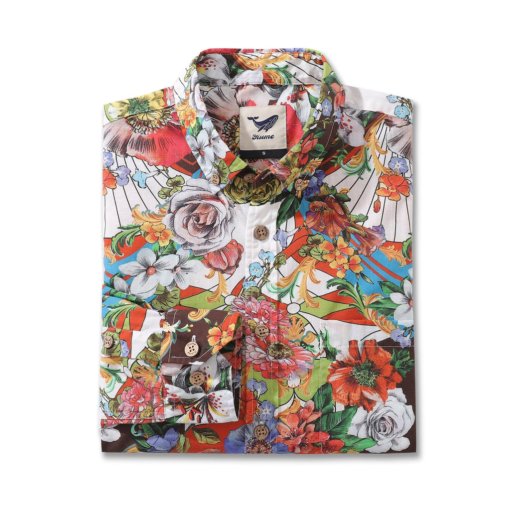 Men's Hawaiian Shirt Vibrant Blooms 1930s Vintage Long Sleeve Aloha Shirt By Amy