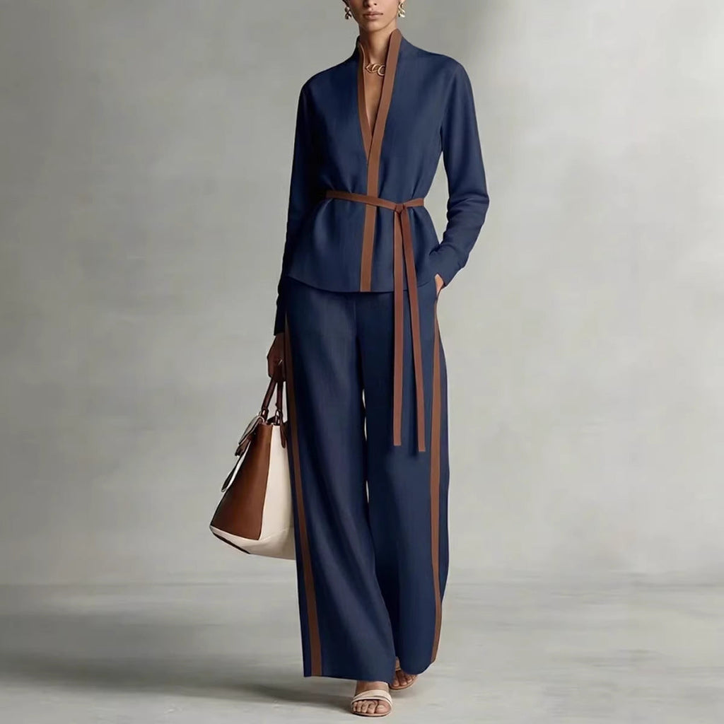 Women’s Contrast Trim Belted Cardigan and Wide Leg Pants Set - Image 5