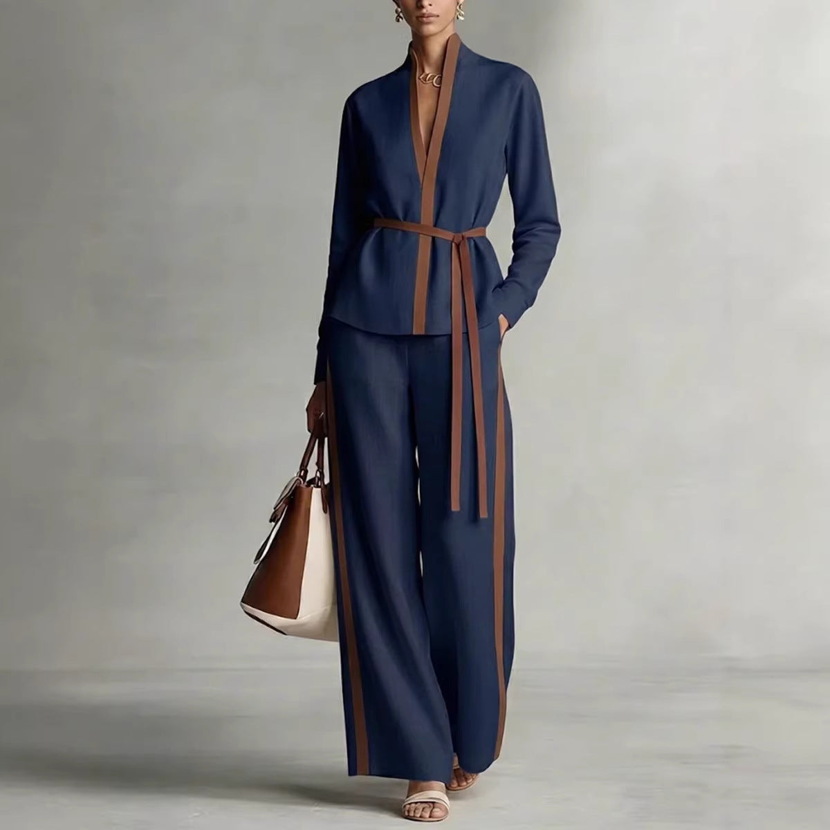 Women’s Contrast Trim Belted Cardigan and Wide Leg Pants Set - Image 5