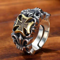 Vintage Maltese Cross Biker Ring, Two-Tone Gothic Adjustable Statement Band, Punk Rock Heavy Ring For Men