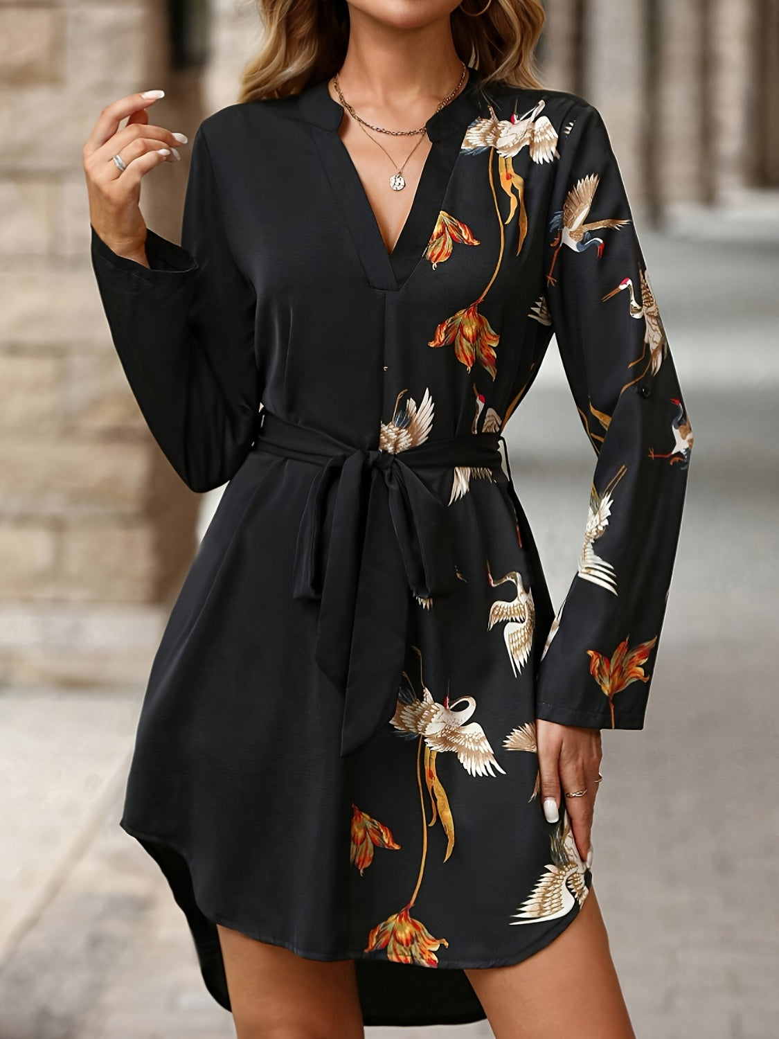Printed Sleeve Belted Mini Dress for Special Occasions