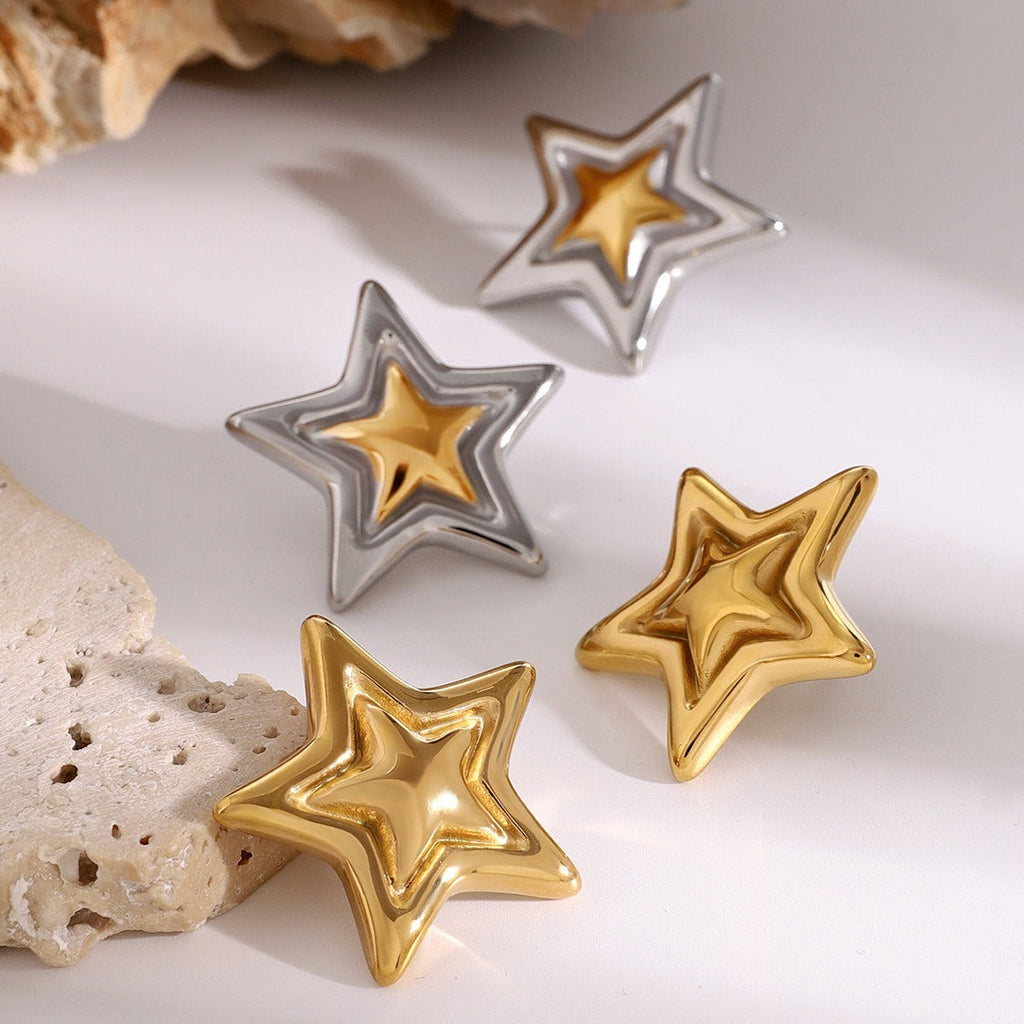 18K gold trendy personality five-pointed star with concave and convex design earrings