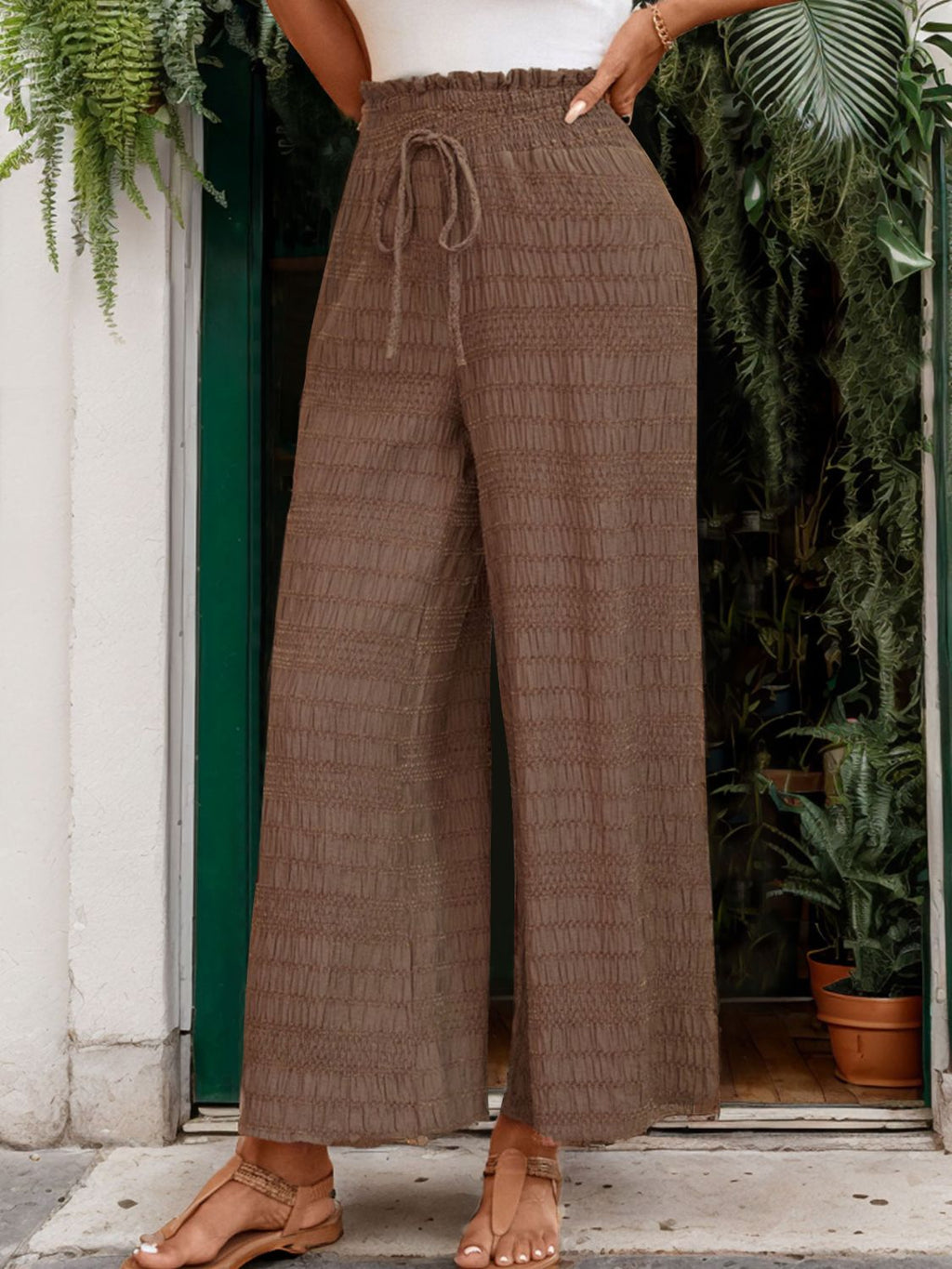 Women's Brown Wide Leg Pants with Tie Waist and Textured Detail - Image 3