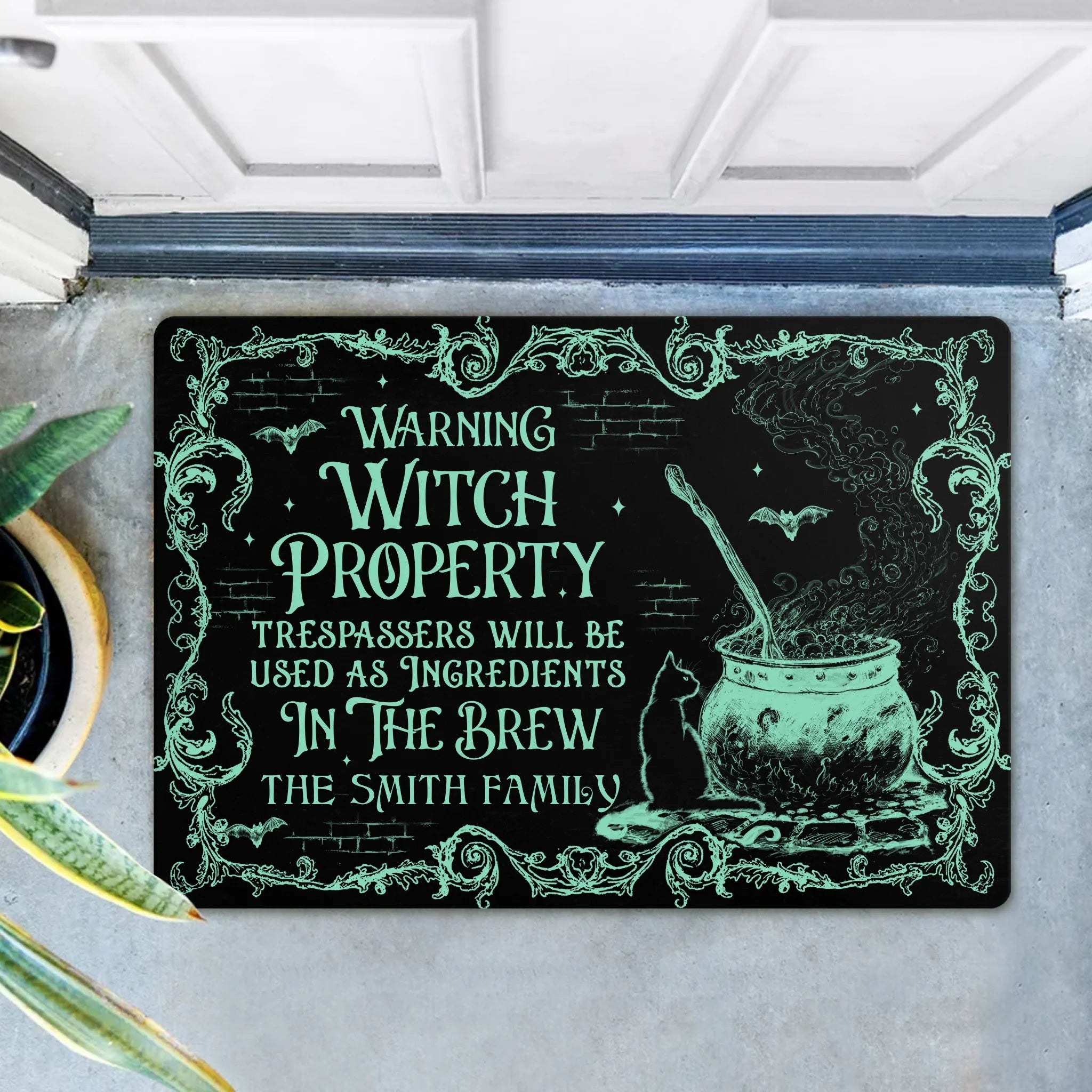 Personalized Witch Doormat - Halloween Gift Idea For Family - Warning Witch Property Trespassers Will Be Used As Ingredients In The Brew