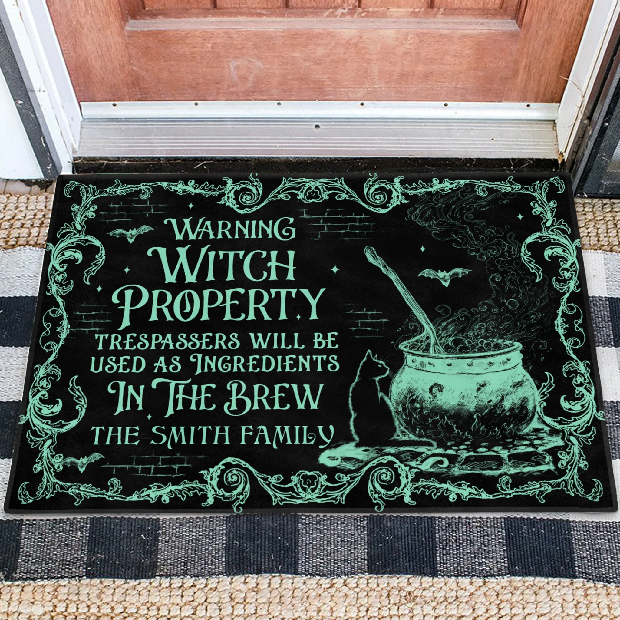 Personalized Witch Doormat - Halloween Gift Idea For Family - Warning Witch Property Trespassers Will Be Used As Ingredients In The Brew