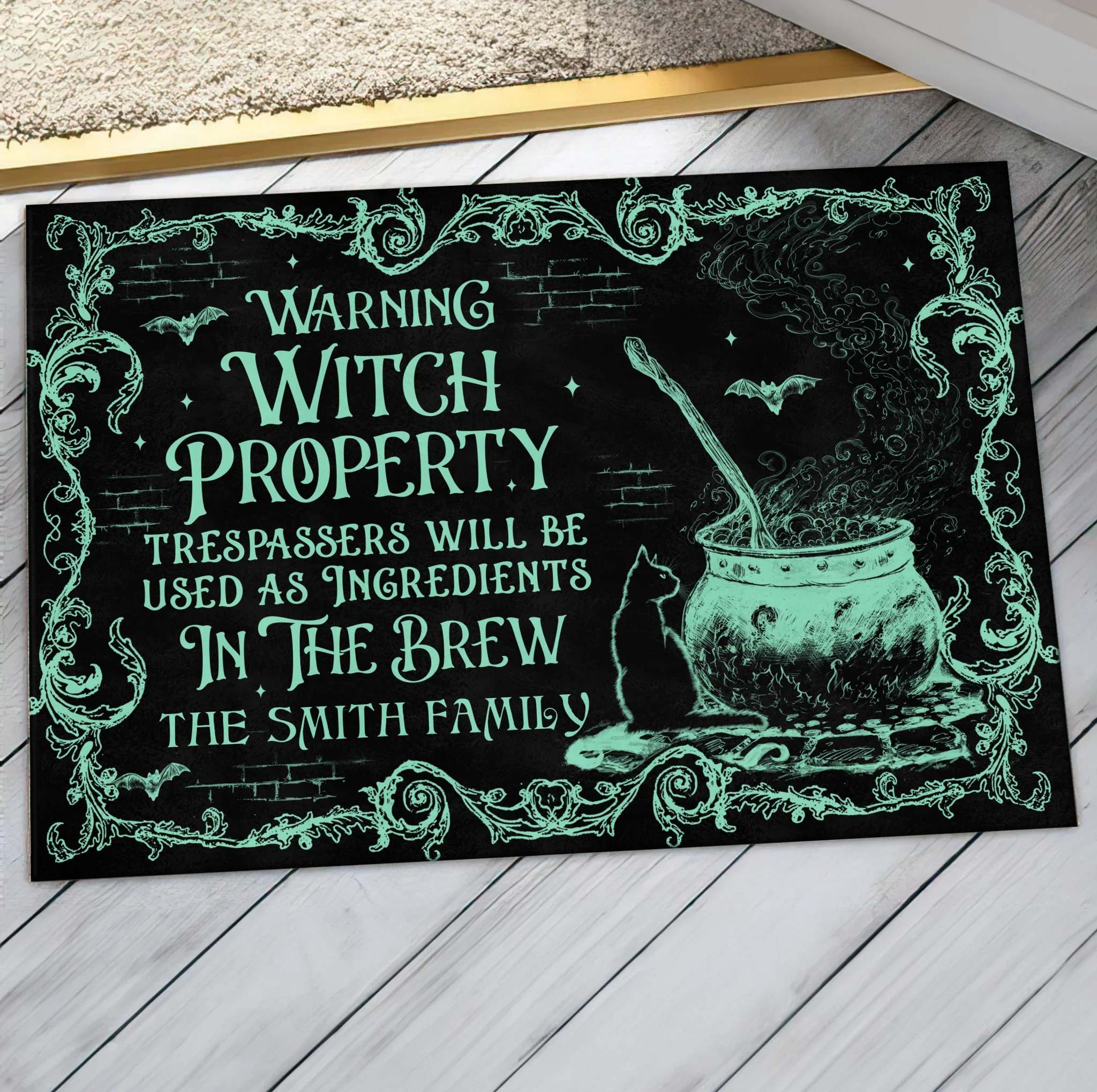 Personalized Witch Doormat - Halloween Gift Idea For Family - Warning Witch Property Trespassers Will Be Used As Ingredients In The Brew