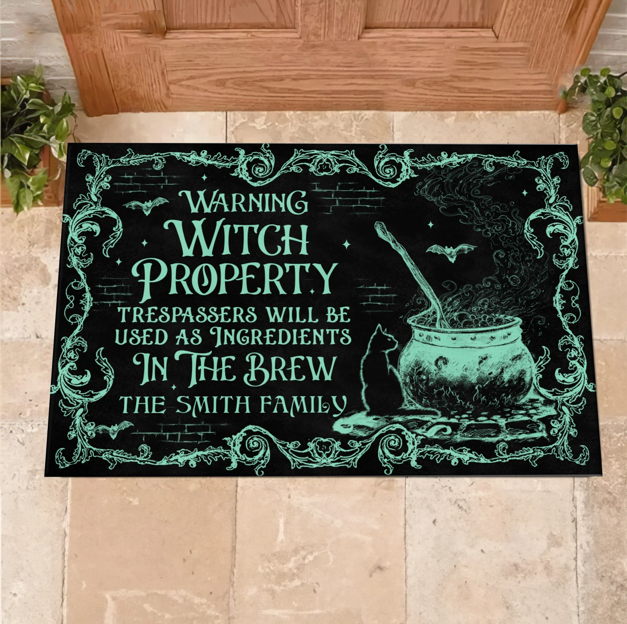 Personalized Witch Doormat - Halloween Gift Idea For Family - Warning Witch Property Trespassers Will Be Used As Ingredients In The Brew