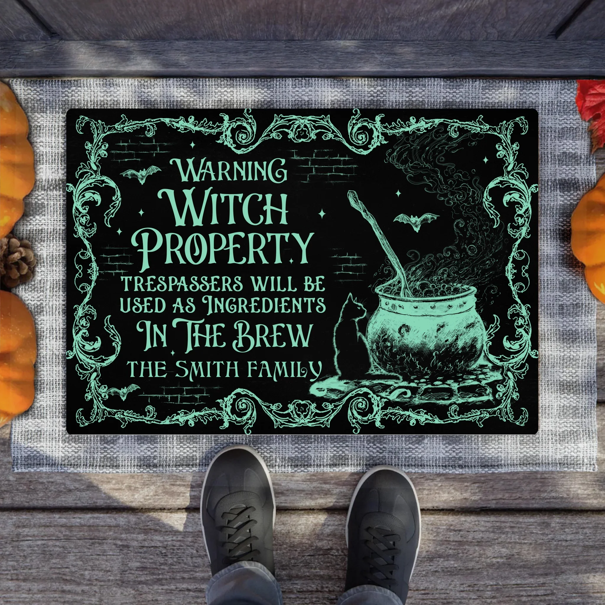 Personalized Witch Doormat - Halloween Gift Idea For Family - Warning Witch Property Trespassers Will Be Used As Ingredients In The Brew
