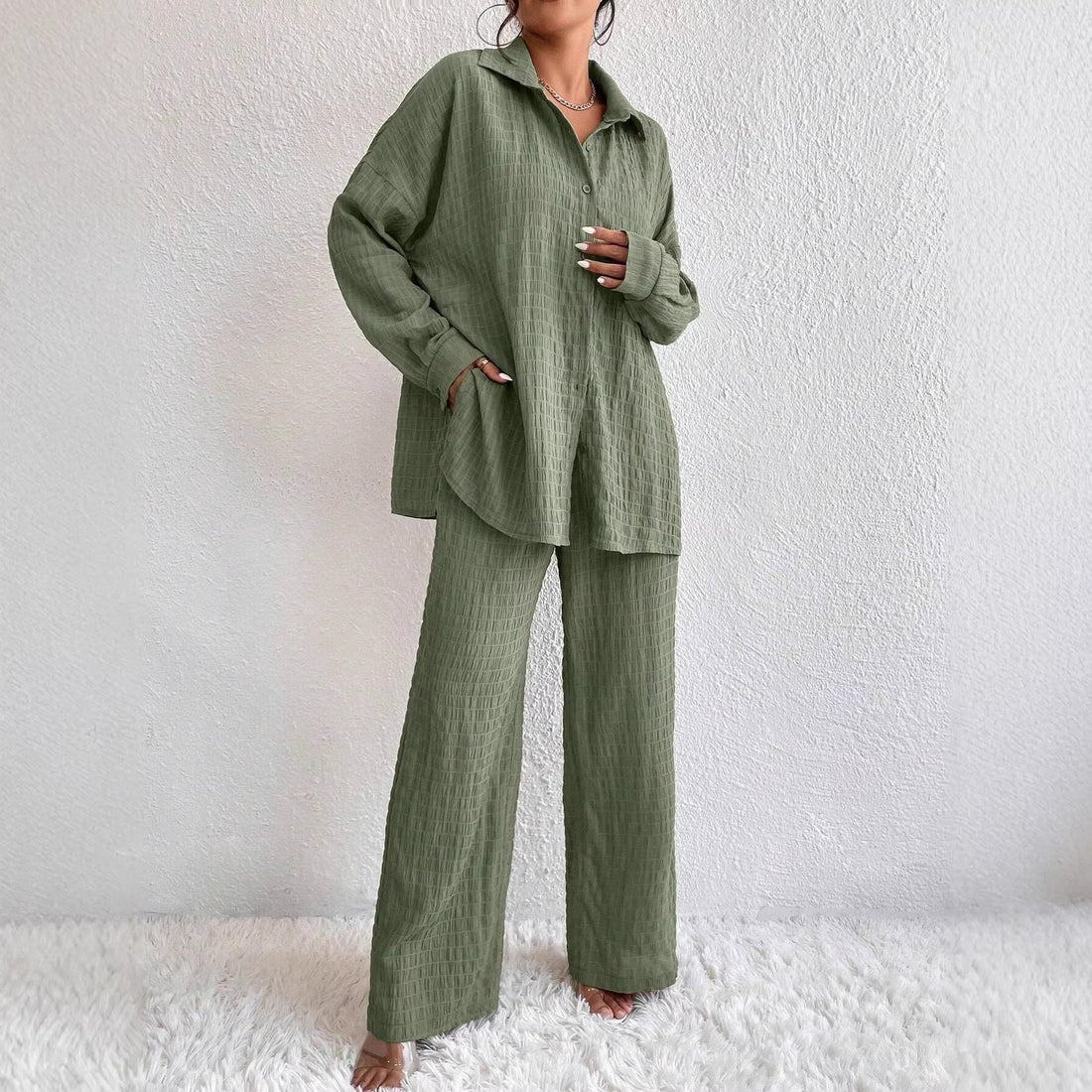 Women's Pleated Long Sleeve Lapel Two-Piece Set Loose Fit - Image 2