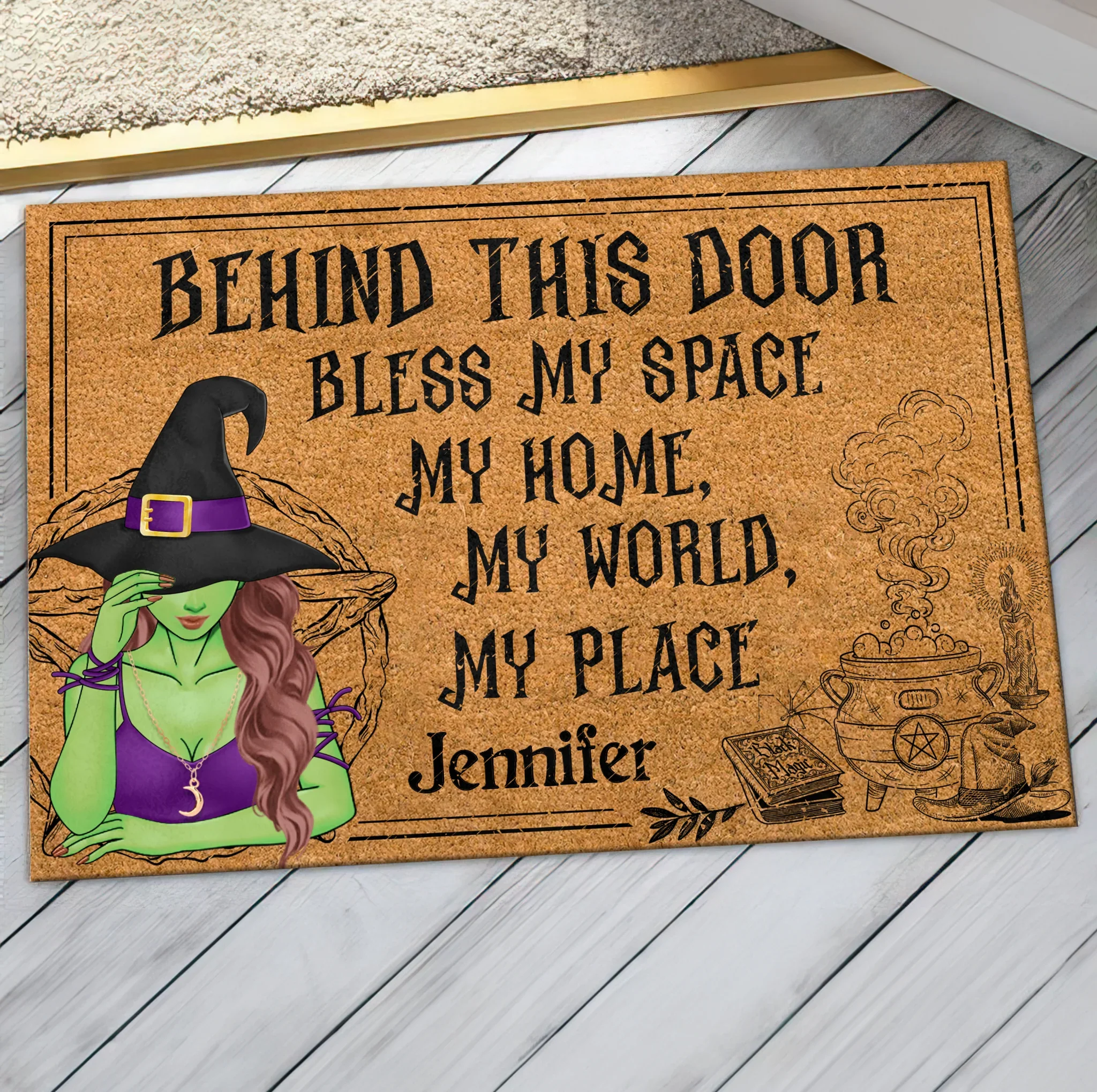 Personalized Witch Doormat - Halloween Gift Idea For Witch Lover - Behind This Door Bless My Space My Home My World My Place