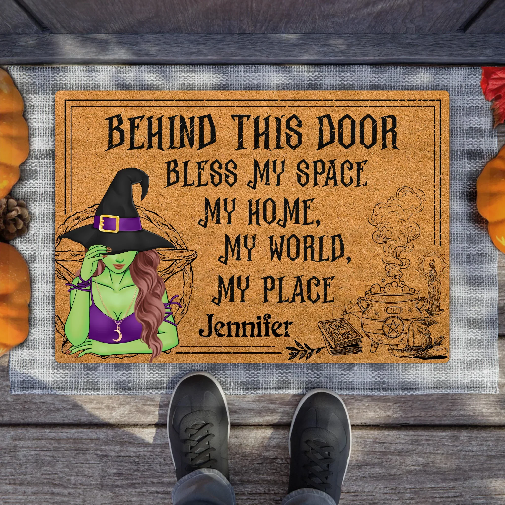 Personalized Witch Doormat - Halloween Gift Idea For Witch Lover - Behind This Door Bless My Space My Home My World My Place