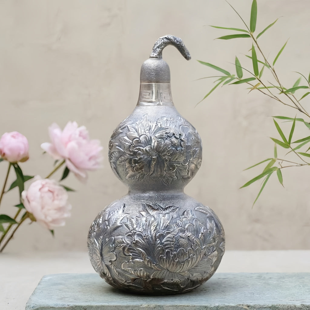Pure 999 Fine Silver Ornate Silver-Toned Double Gourd Vessel with Intricate Floral Engravings - Handicraft