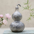 Pure 999 Fine Silver Ornate Silver-Toned Double Gourd Vessel with Intricate Floral Engravings - Handicraft