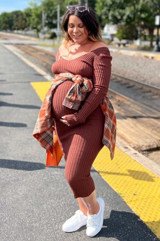 Mocha V-Neck Long Sleeve Fitted Maternity Maxi Dress