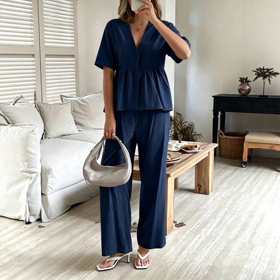 Women's V-Neck Peplum Top and Wide-Leg Pants Two Piece Set - Image 3