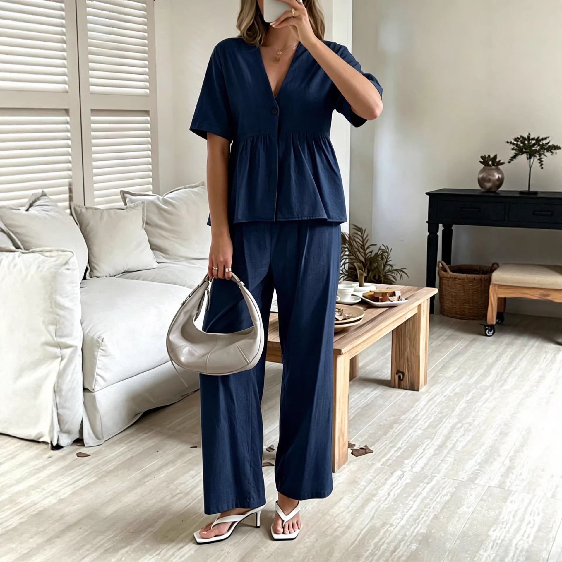 Women's V-Neck Peplum Top and Wide-Leg Pants Two Piece Set - Image 3