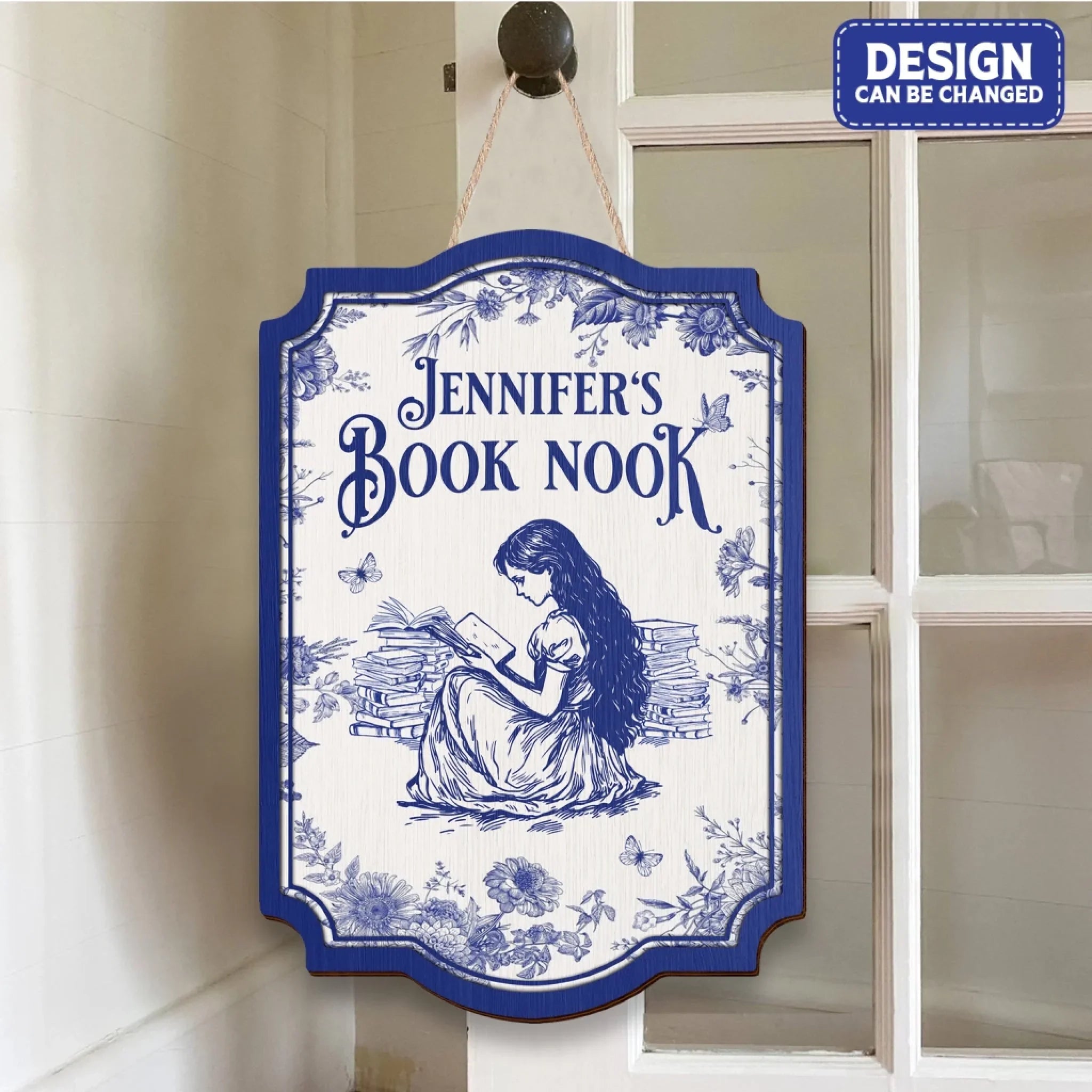 Custom Name Book Nook Wooden Sign - Bookism Gift - Chinoiserie Toile De Jouy