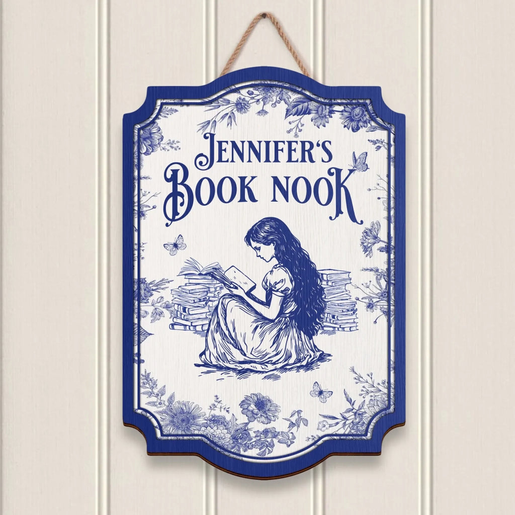 Custom Name Book Nook Wooden Sign - Bookism Gift - Chinoiserie Toile De Jouy