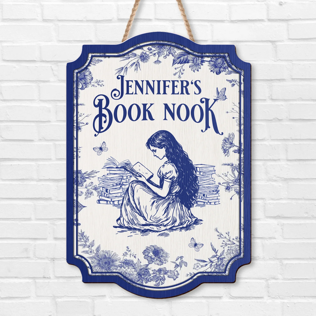 Custom Name Book Nook Wooden Sign - Bookism Gift - Chinoiserie Toile De Jouy