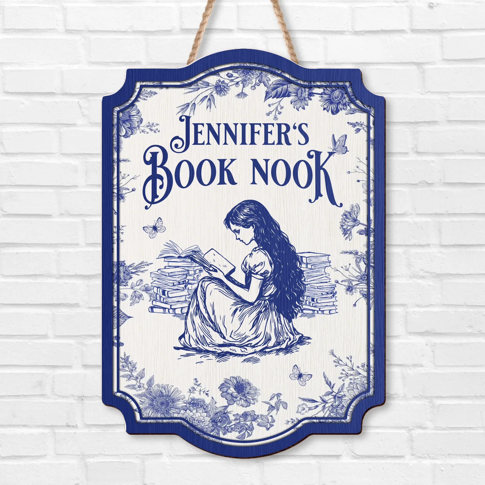 Custom Name Book Nook Wooden Sign - Bookism Gift - Chinoiserie Toile De Jouy