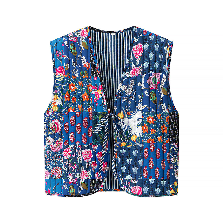 Women's Pink & Blue Striped Quilted V-Neck Loose Fit Vest - Image 5
