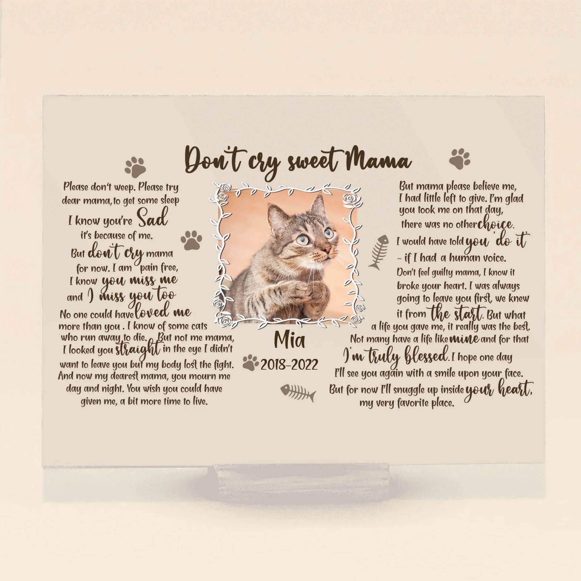 Personalized Cat Custom Photo Acrylic Plaque - Memorial Gift For Cat Mom - Don't Cry Sweet Mama